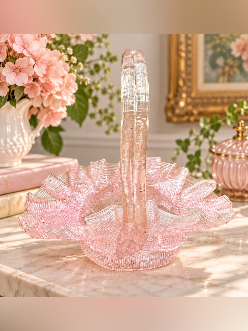 Vintage MCM Pink Spun Lucite Spaghetti Ribbon Basket Handled Mid Century Modern